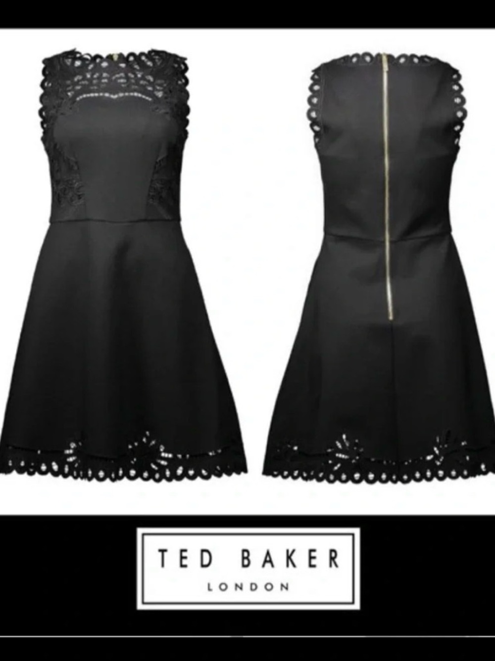 Ted Baker London Verony Skater Embroidered Black Sleeveless Zip Back Size 3